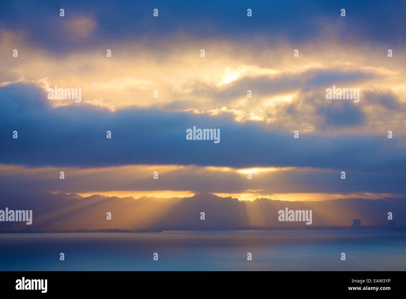 A beautiful sunrise over the East Bay Area taken while camping at Angel Island State Park Stock Photo