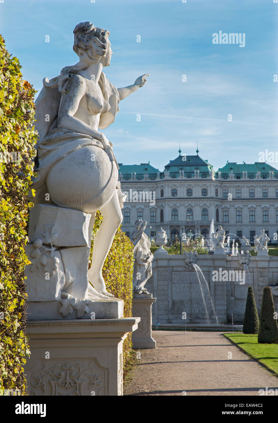 Vienna - Statue in gardens of Belvedere palace in evening light designed by Dominique Girard. in 18. cent. Stock Photo