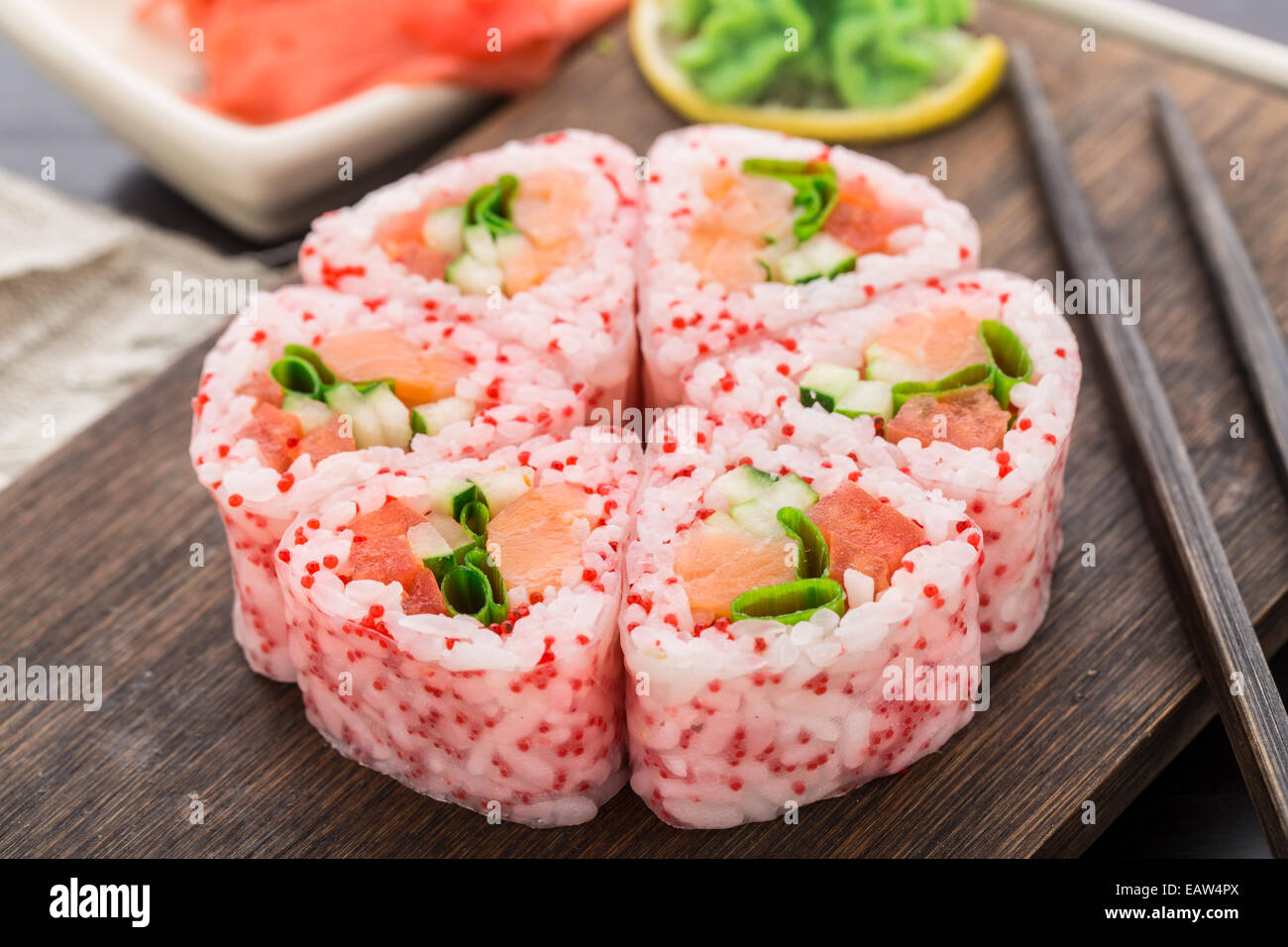 Flower made of sushi roll. Stock Photo