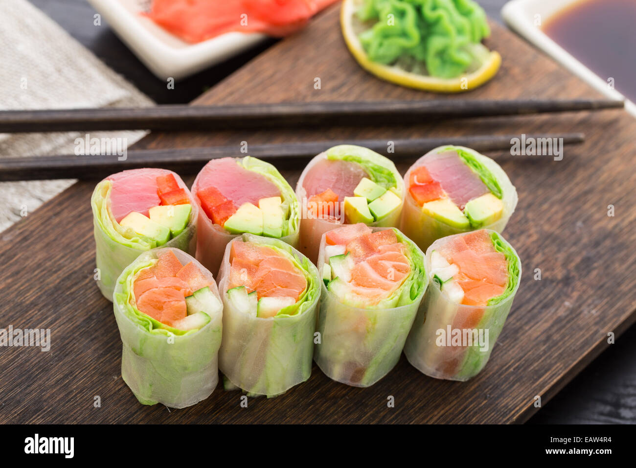 Spring rolls with tuna and salmon Stock Photo - Alamy