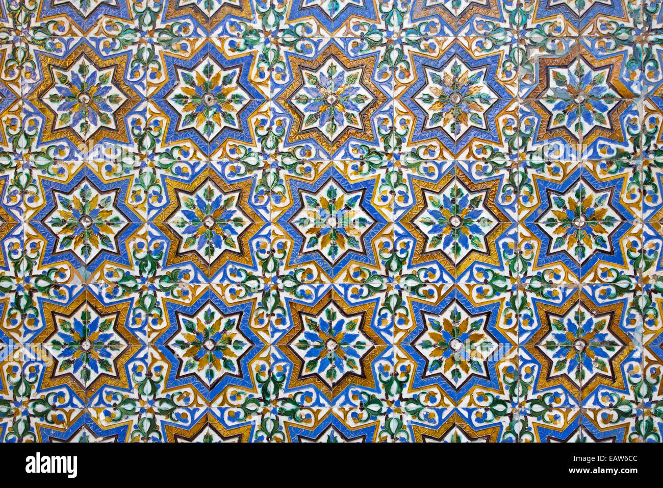SEVILLE, SPAIN - OCTOBER 28, 2014: The detail of tiles in mudejar style in courtyard of Casa de Pilatos. Stock Photo