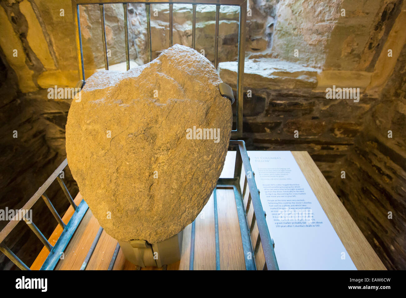 St Columba's pillow made of granite in Iona Abbey on Iona, off Mull, Scotland, UK. Stock Photo