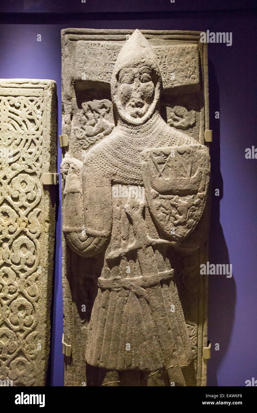 An ancient preserved grave slab in Iona Abbey on Iona, off Mull, Scotland, UK. Stock Photo