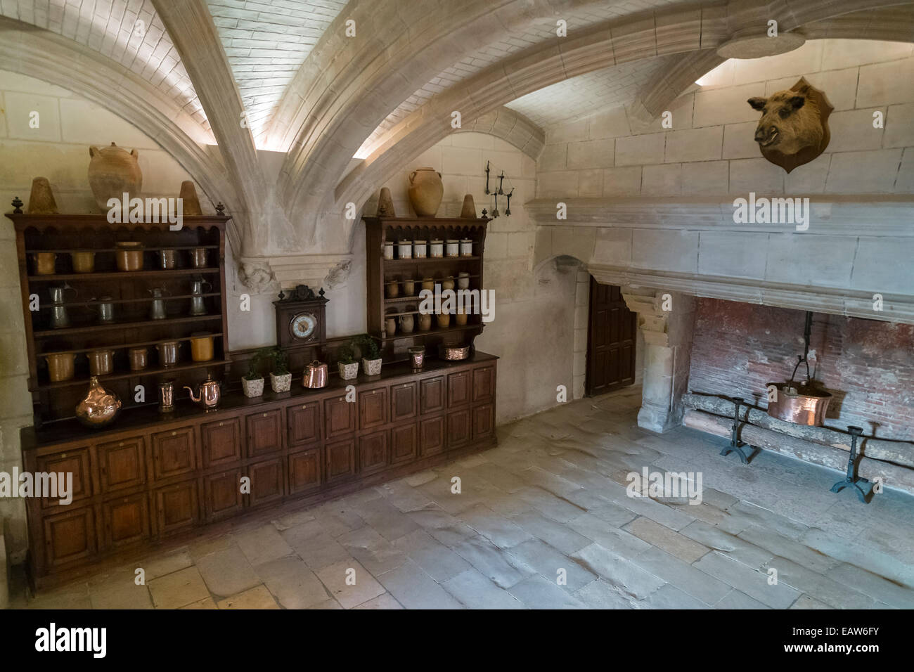 The kitchen at Chateau de Chenonceau castle, Chenonceaux, Indre-et-Loire, Centre, France Stock Photo