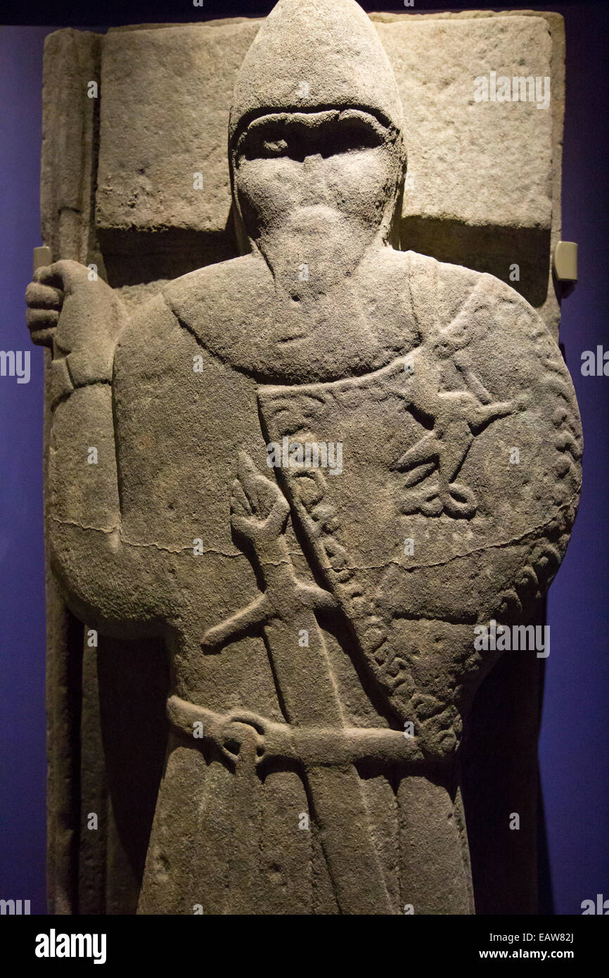 An ancient preserved grave slab in Iona Abbey on Iona, off Mull, Scotland, UK. Stock Photo