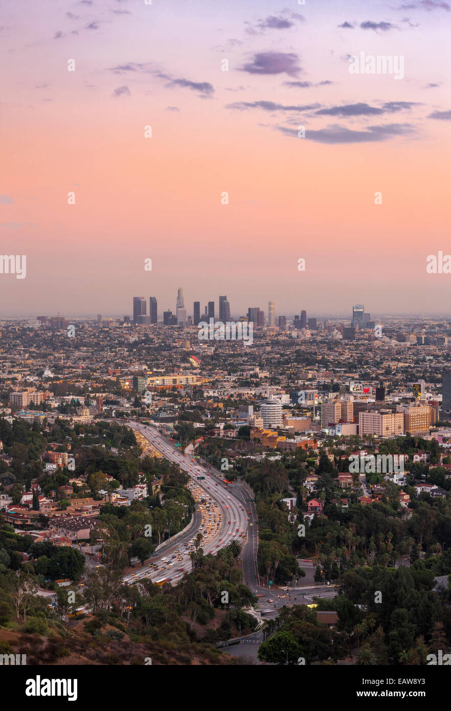 Los Angeles city downtown skyline across Hollywood. Freeway 101. View from Hollywood Bowl Overlook at Mulholland Drive. Stock Photo