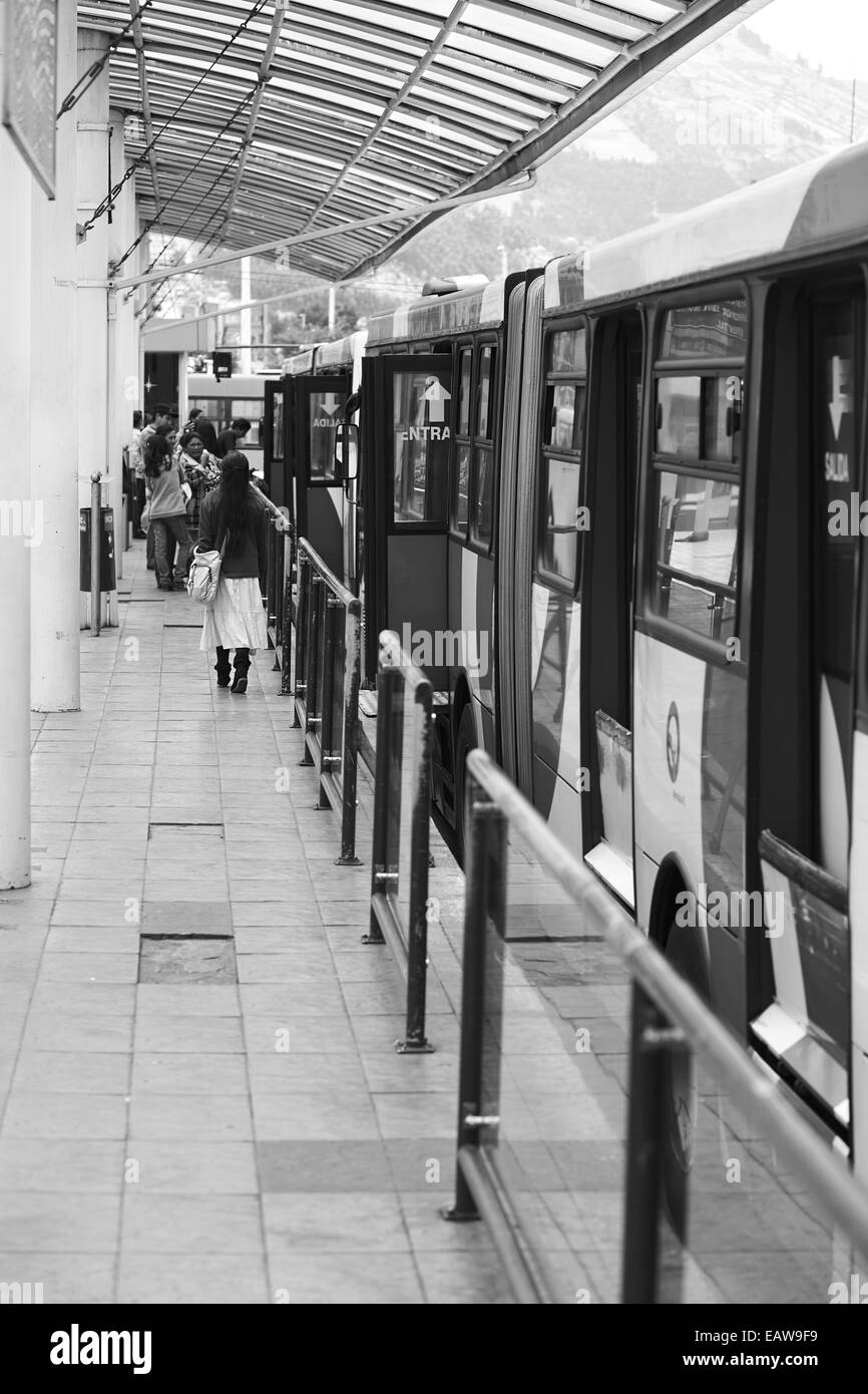 The departure area of the local public buses outside the Terminal Terrestre Quitumbe in Quito, Ecuador Stock Photo