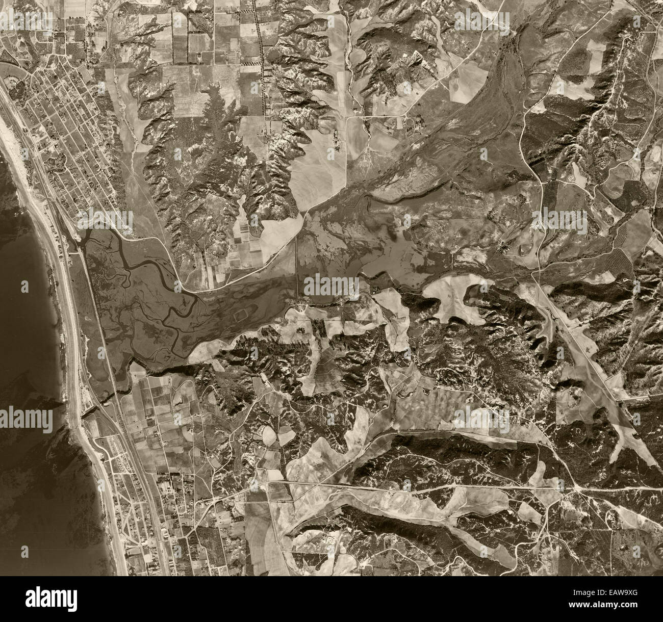 historical aerial photograph Encinitas, Solana Beach, San Diego County, California, 1947 Stock Photo
