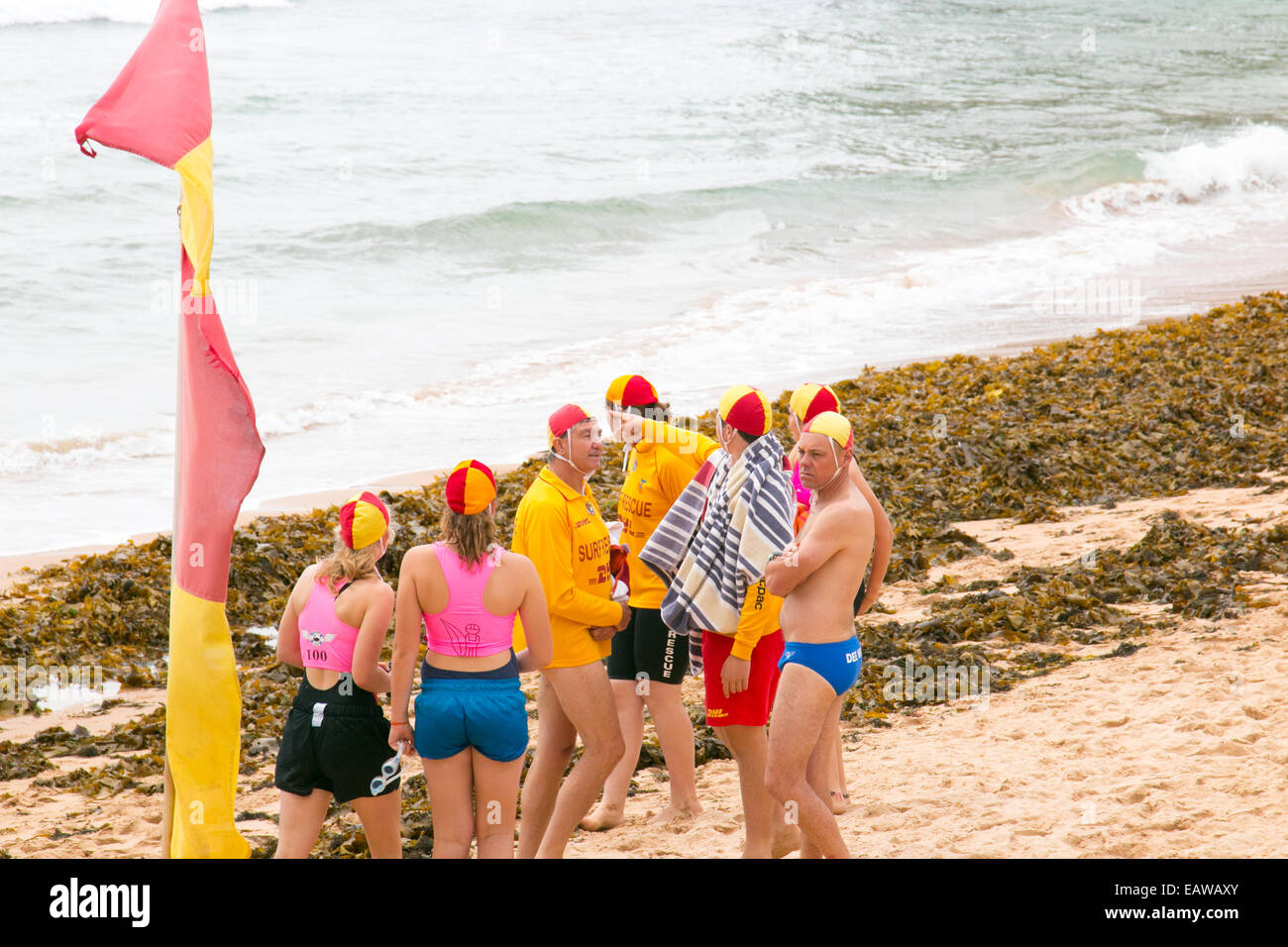 surf rescue life savers gather on Dee why beach,Sydney,australia Stock Photo