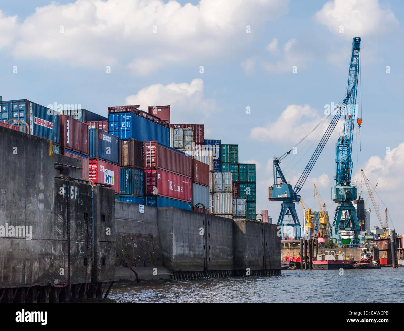 Stacked ship containers at Hamburg harbor Stock Photo