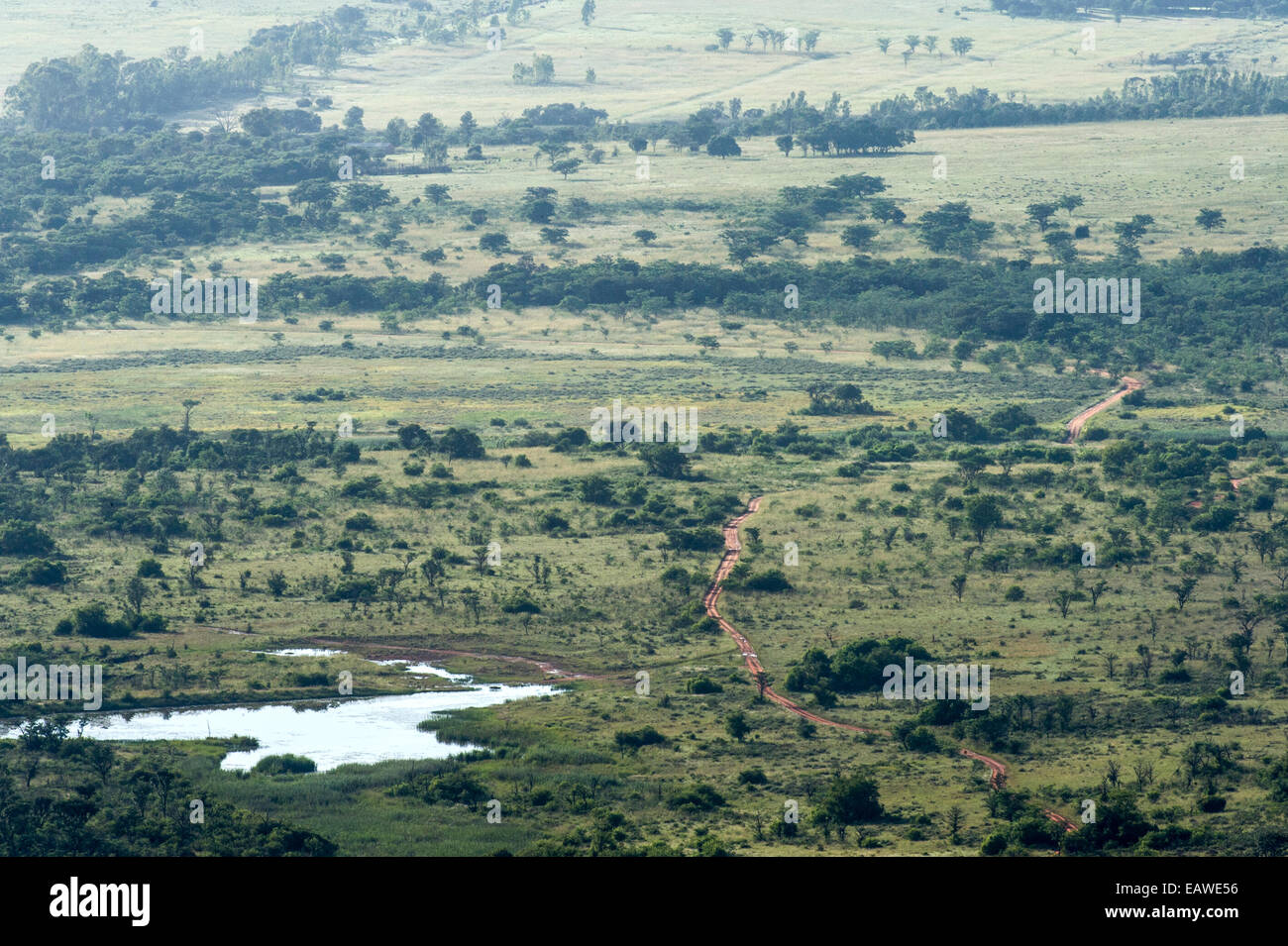 A vehicle track crosses a vast savannah plain past a waterhole. Stock Photo