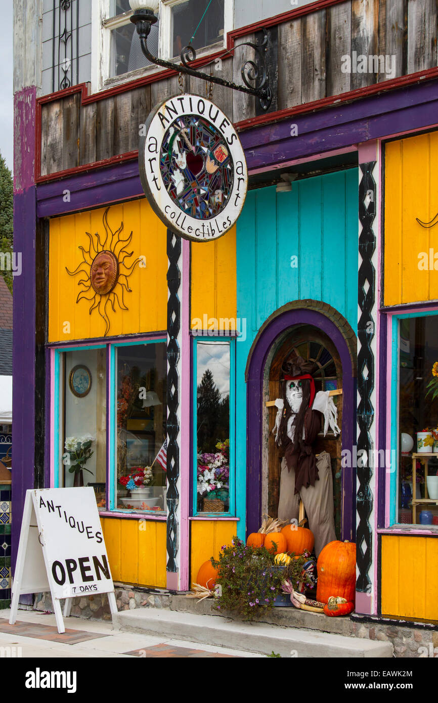 A quaint country antique store front in Pellston, Michigan, USA. Stock Photo