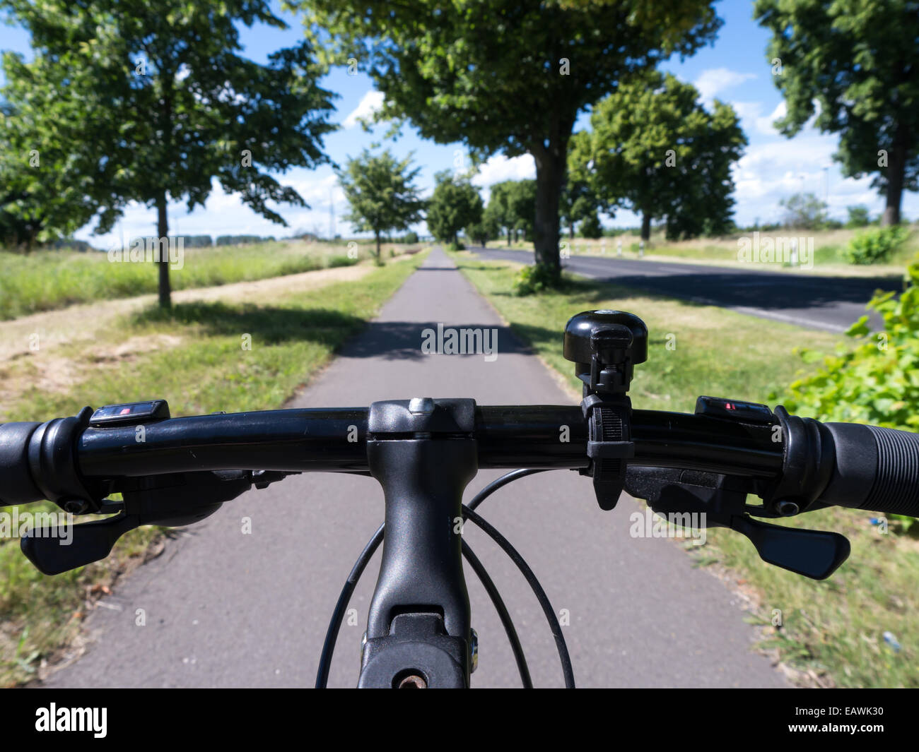 bicycle tour on a way in landscape with green trees Stock Photo Alamy
