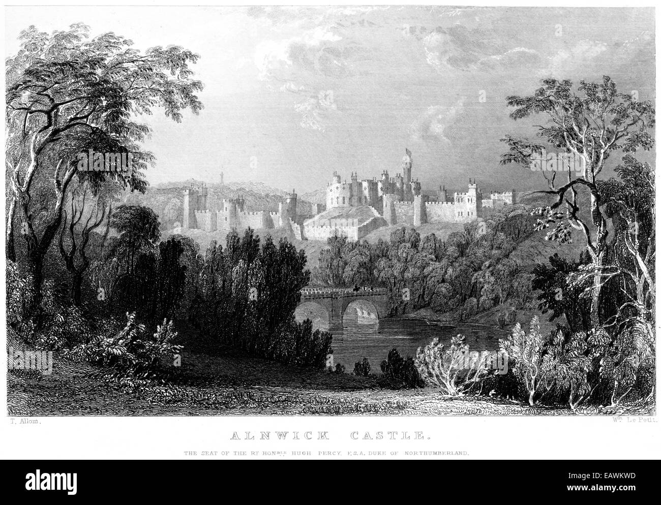 An engraving entitled "Alnwick Castle" scanned at high resolution from