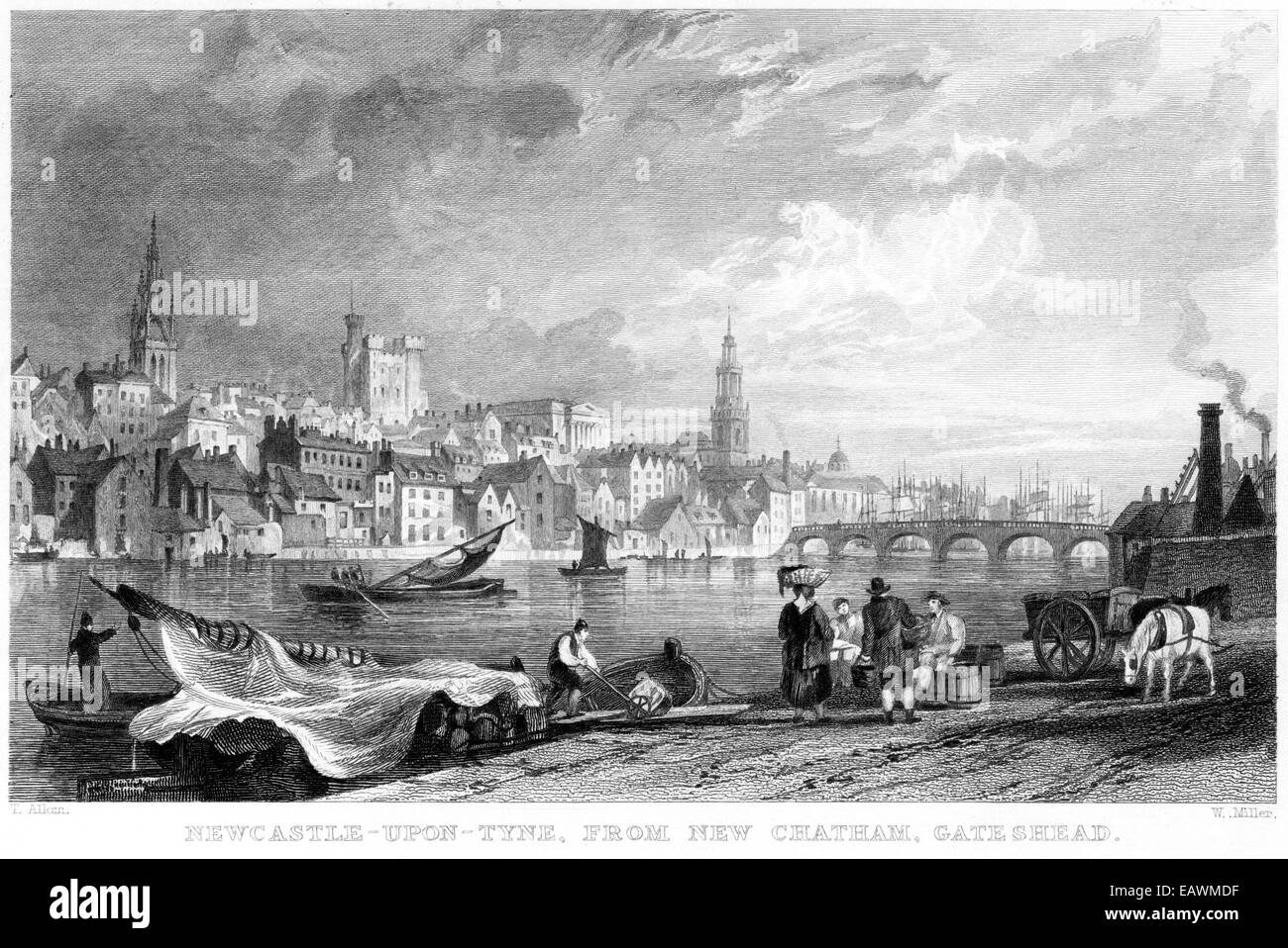 Engraving entitled 'Newcastle upon Tyne, from New Chatham, Gateshead' scanned at high resolution from a book published in 1834 Stock Photo