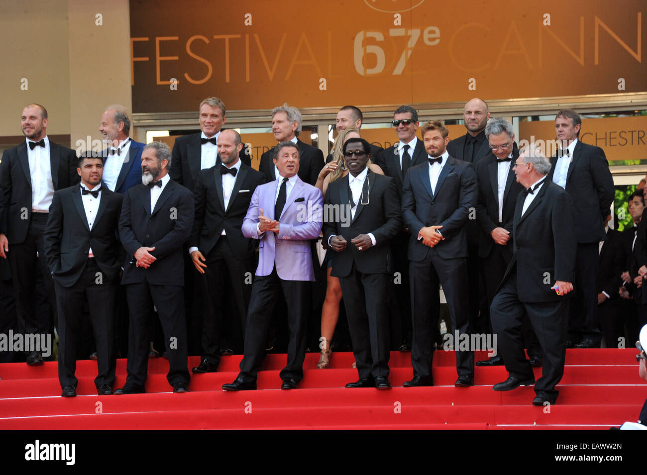 The 67th Annual Cannes Film Festival - 'The Expendables 3' premiere - Arrivals  Featuring: Kelsey Grammer,Dolph Lundgren,Harrison Ford,Patrick Hughes,Glen Powell,Antonio Banderas,Randy Couture,Victor Ortiz,Mel Gibson,Jason Statham,Sylvester Stallone,Ronda Rousey,Wesley Snipes,Kellan Lutz Where: Cannes When: 18 May 2014 Stock Photo