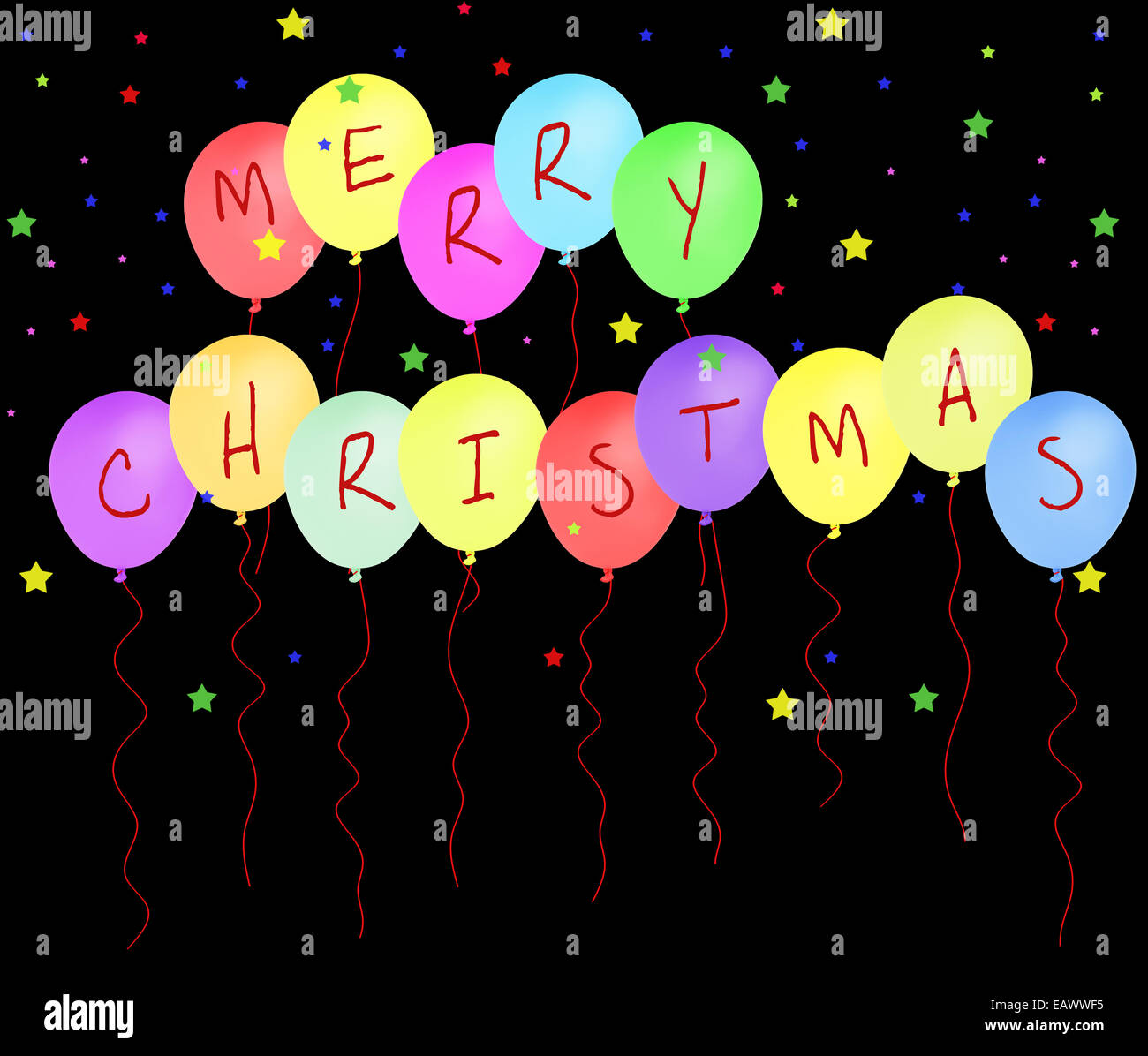 Merry Christmas background - party balloons and stars Stock Photo