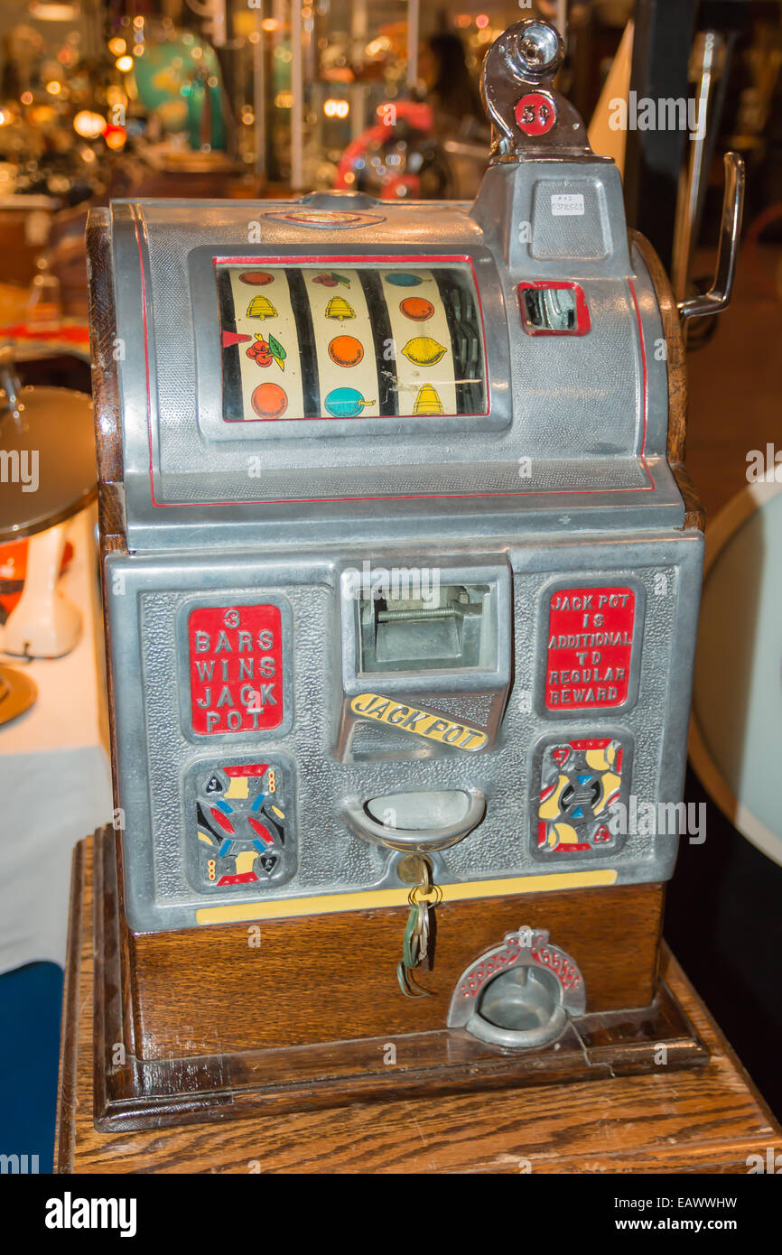 Close up of Vintage Nickel Slot Machine in excellent condition, modern art 20th century Stock Photo