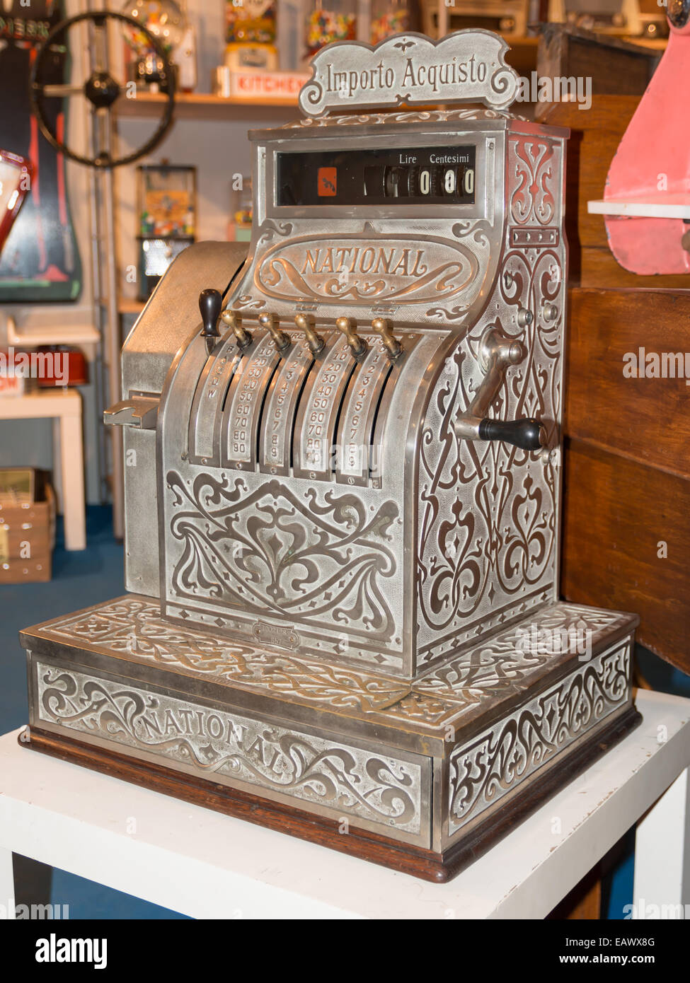 Antique cash register cashdesk, counter charge in lire italy Stock