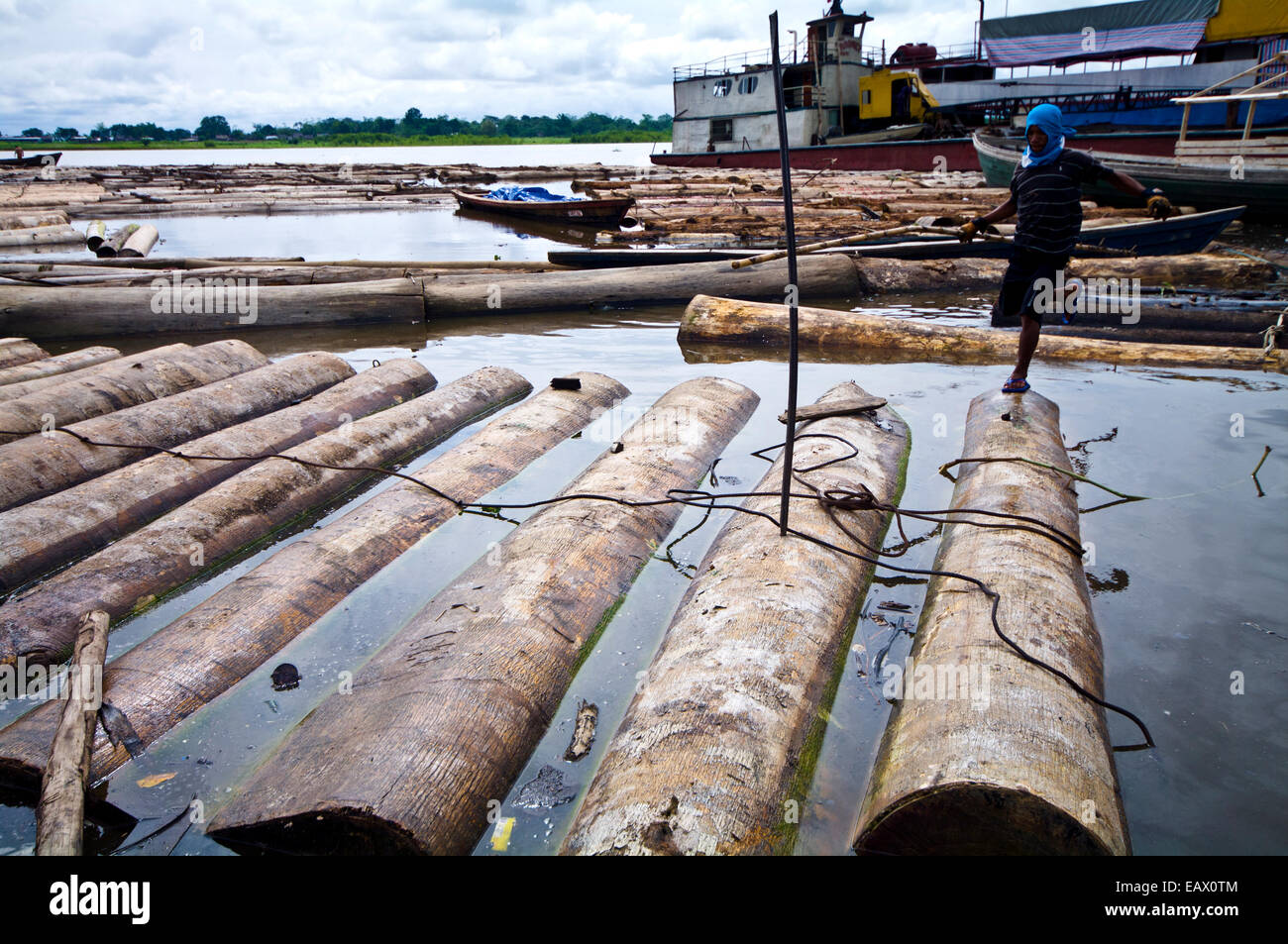 A logging mill laborer leaps across a floating raft of logs on the ...