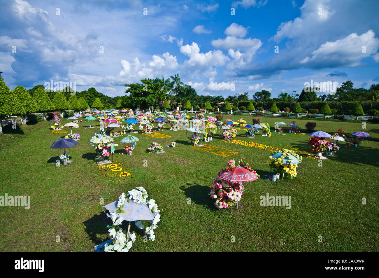 Colorful umbrellas, flower bouquets and wreaths shade pet graves in a cemetery. Stock Photo