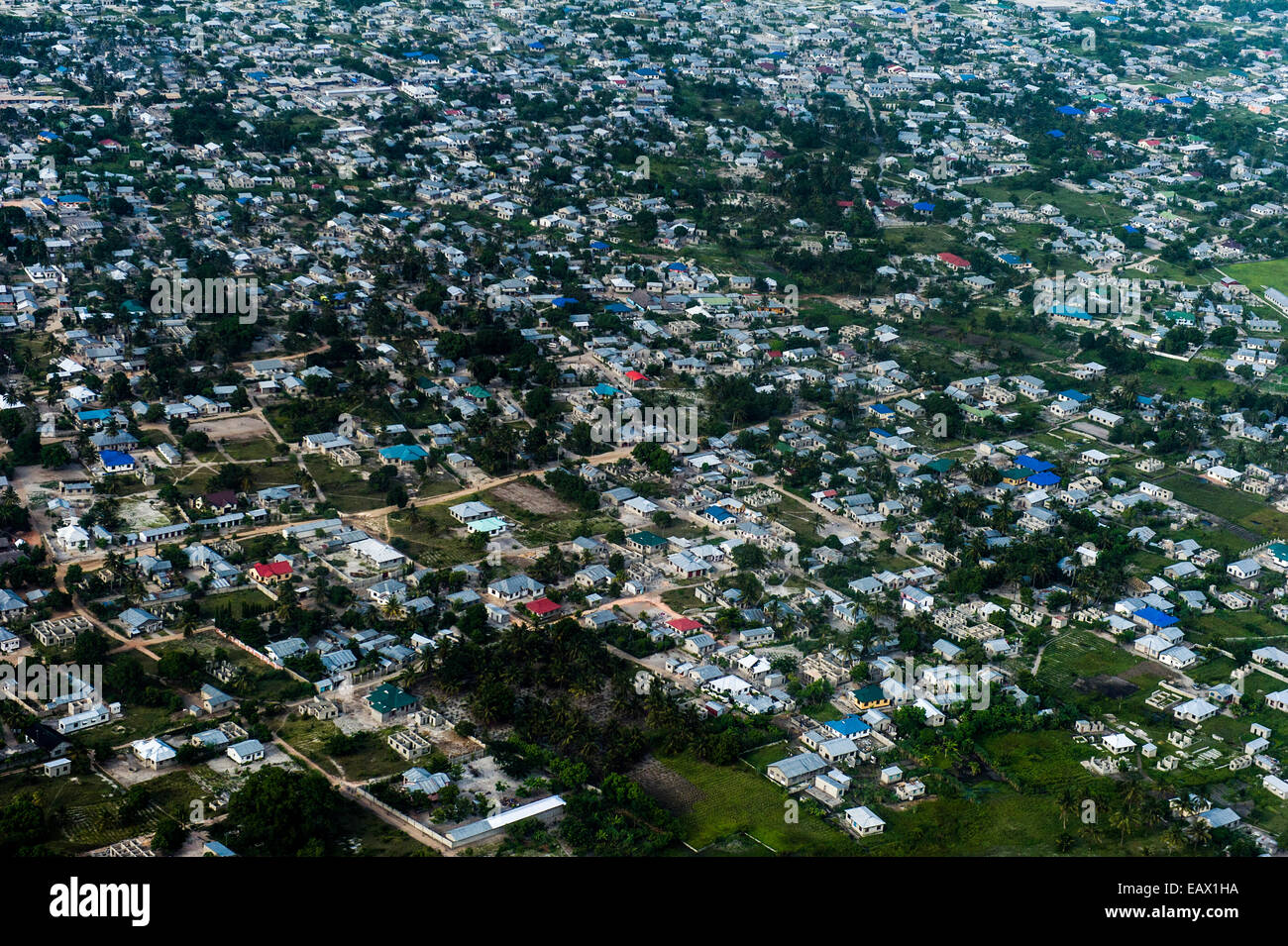 A densely populated community crowded around Dar es Salaam's urban sprawl. Stock Photo