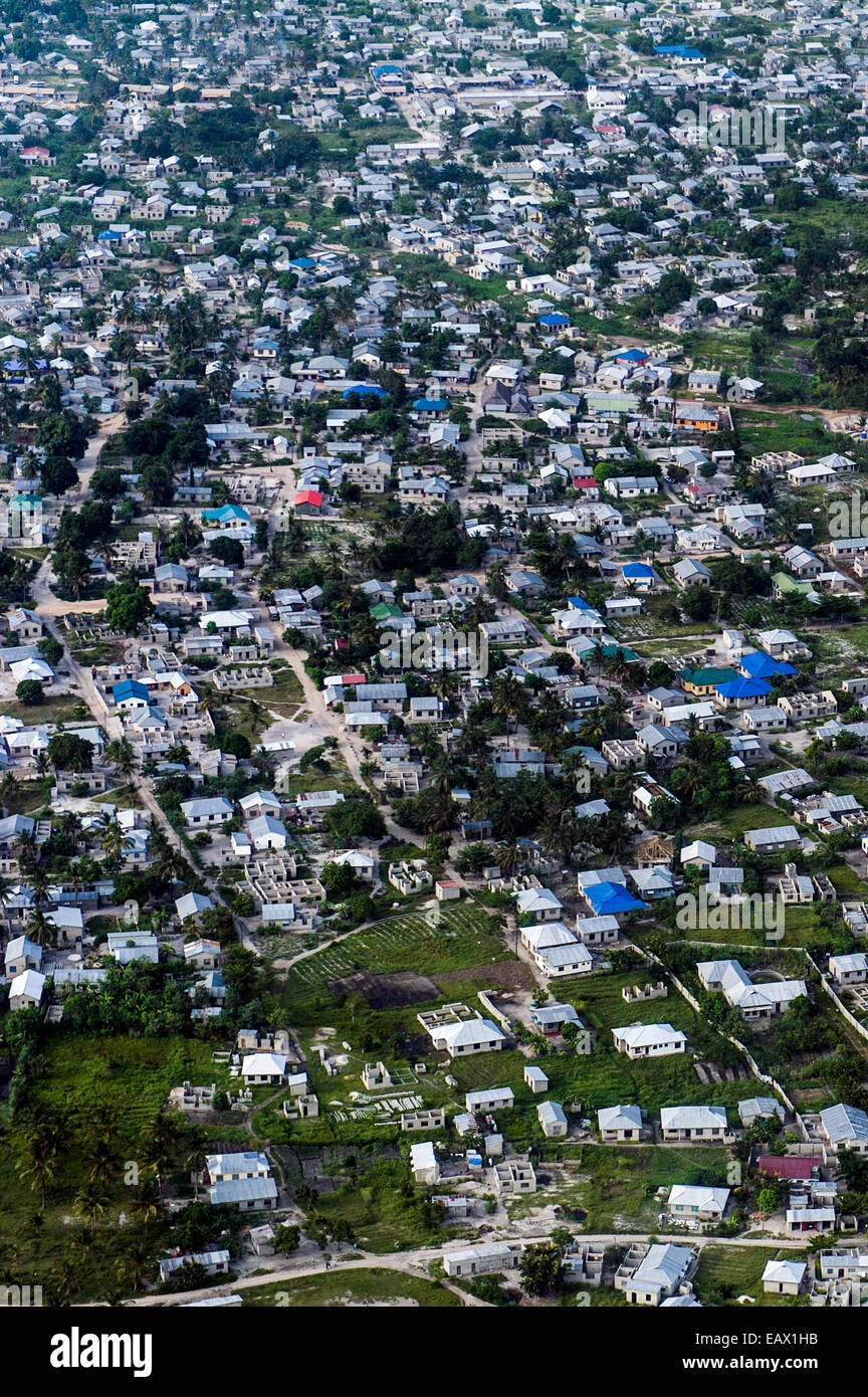 A densely populated community crowded around Dar es Salaam's urban sprawl. Stock Photo