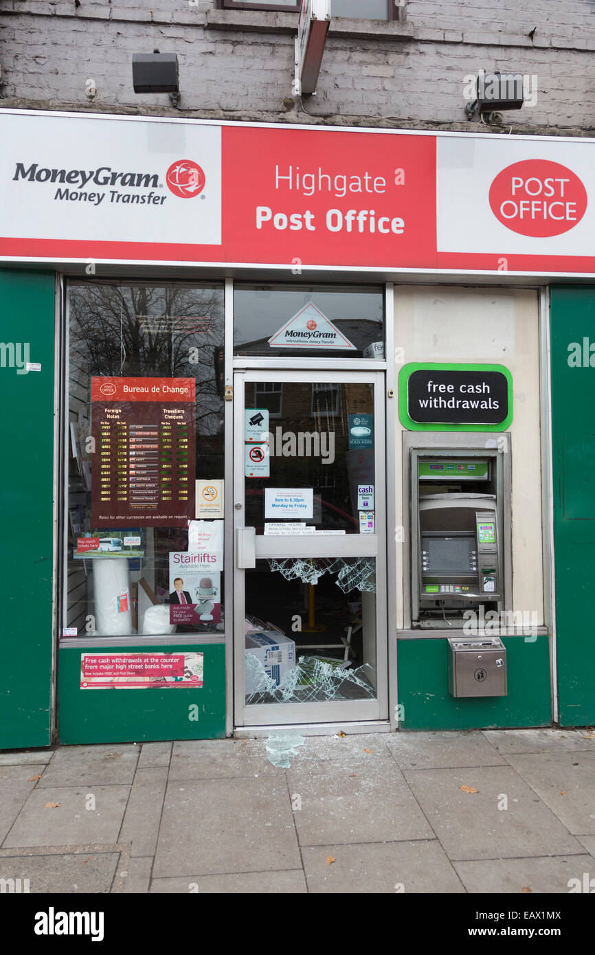 London, UK. 21 November 2014. Highgate Post Office with a shattered