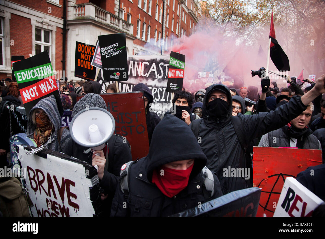 Thousands of students turned out to a march against fees and cuts in the education sector with a large group of Black Bloc. Stock Photo