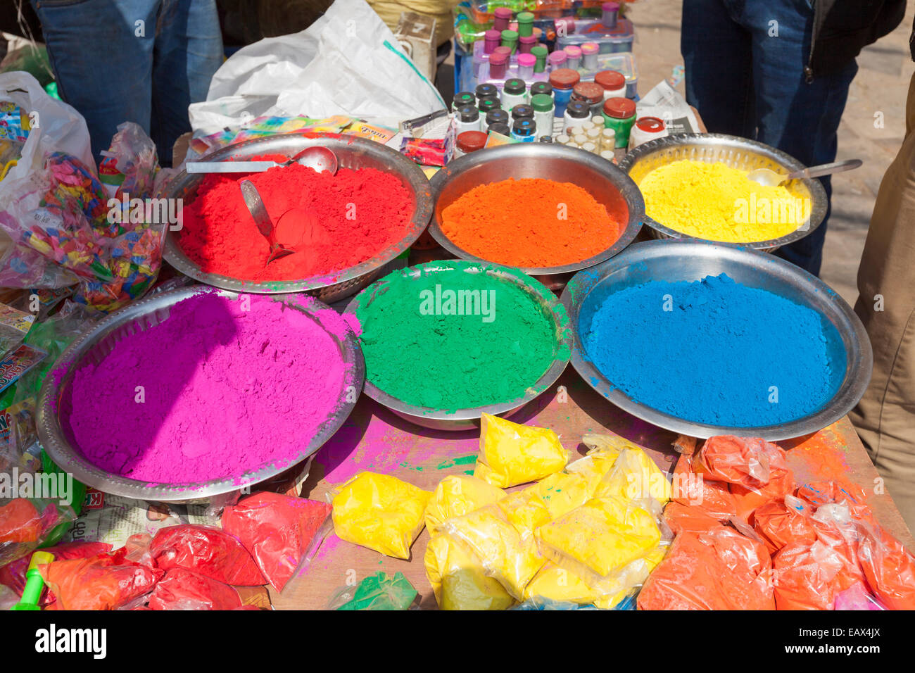 Multicoloured powder paints on sale for the Holi festival in Kathmandu
