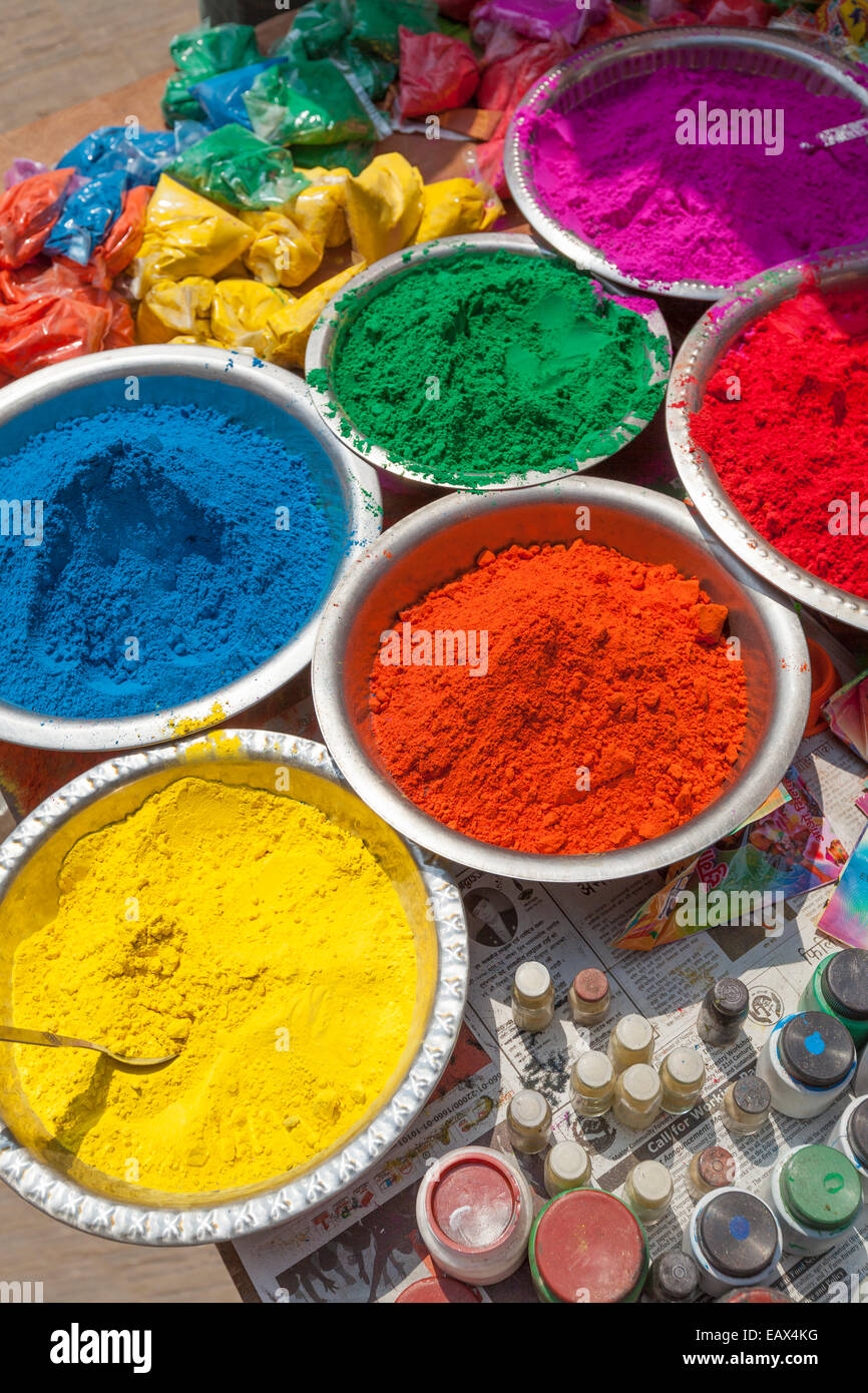 Multicoloured powder paints on sale for the Holi festival in Kathmandu