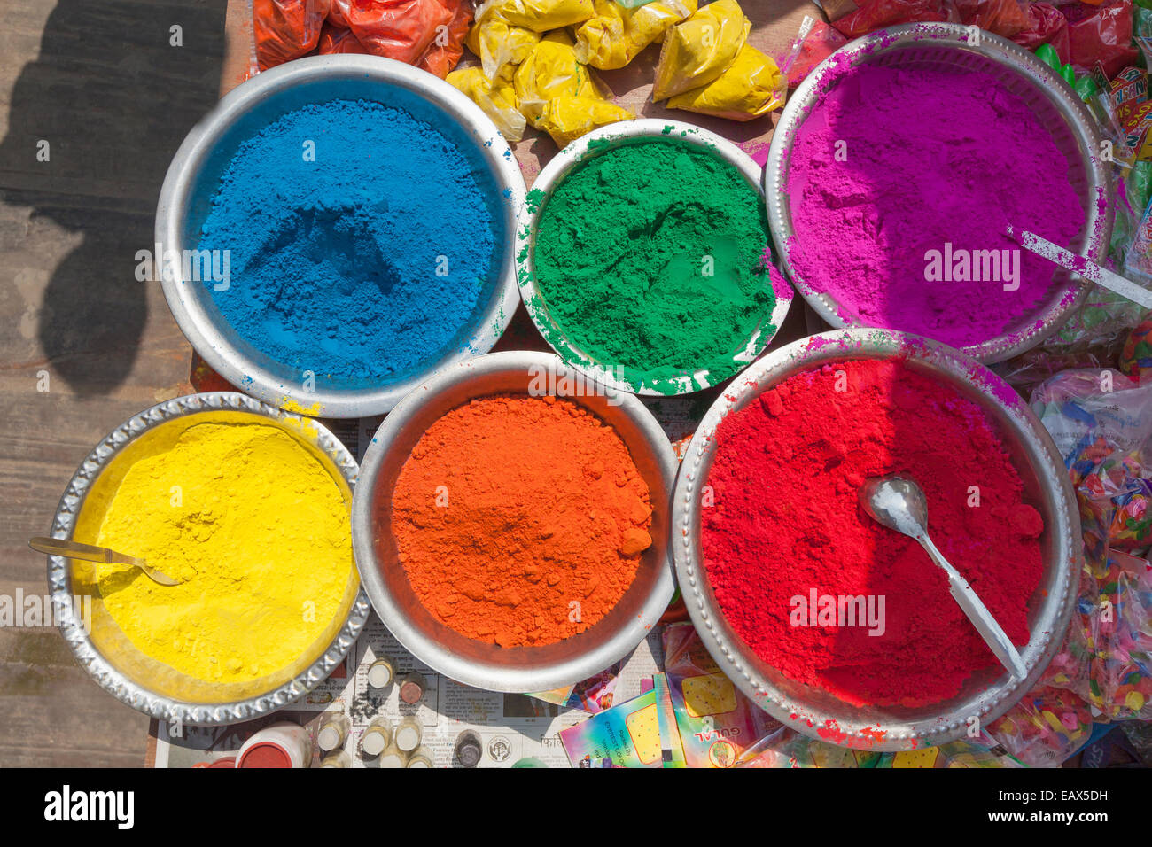 Multicoloured powder paints on sale for the Holi festival in Kathmandu