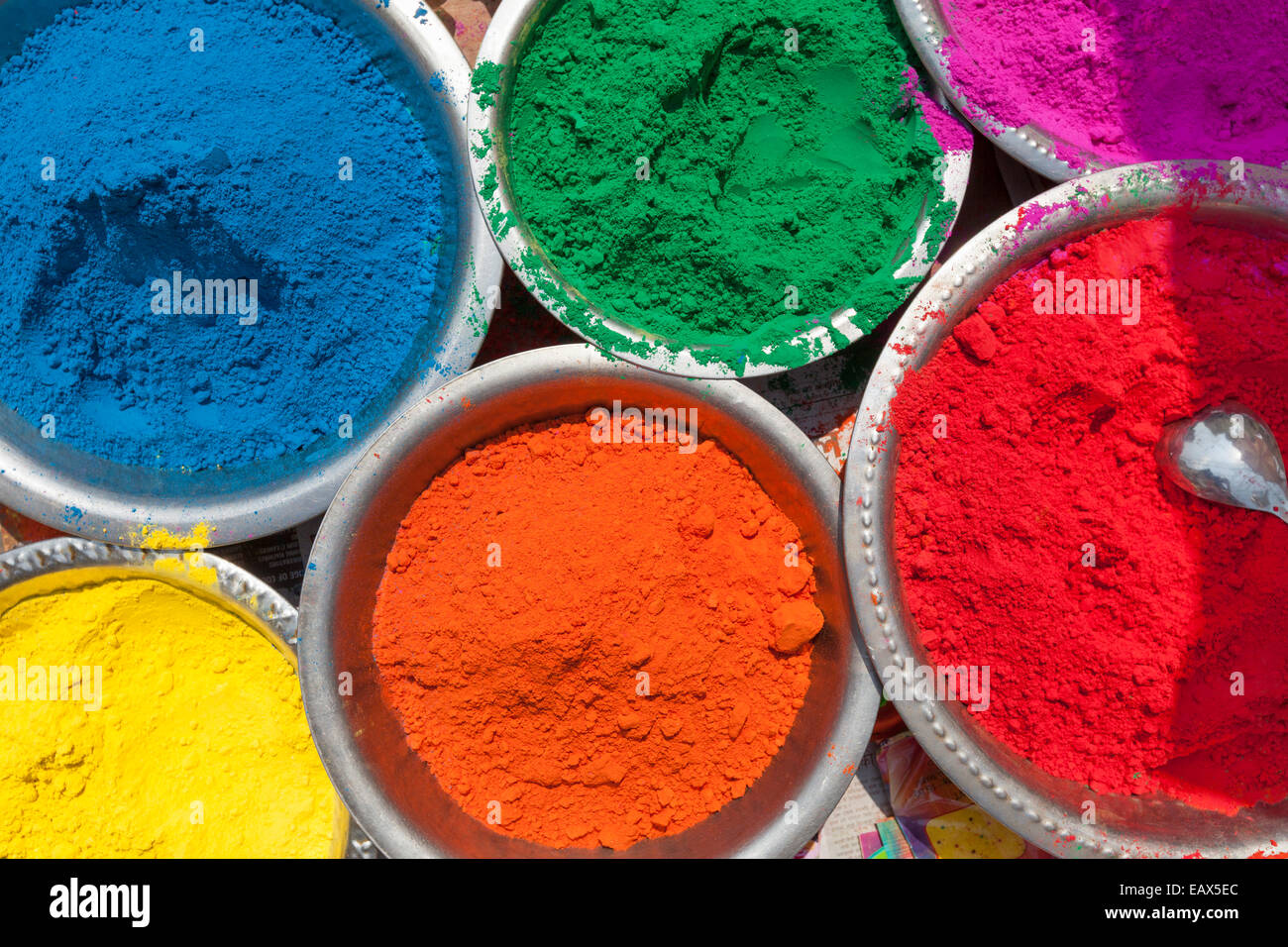 Multicoloured powder paints on sale for the Holi festival in Kathmandu