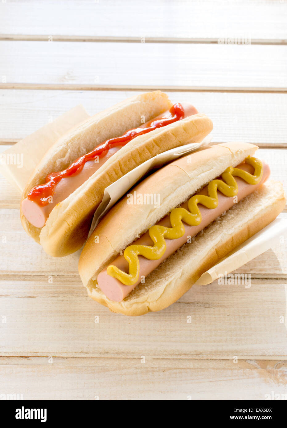 Classic style hot dogs with mustard and ketchup,selective focus Stock