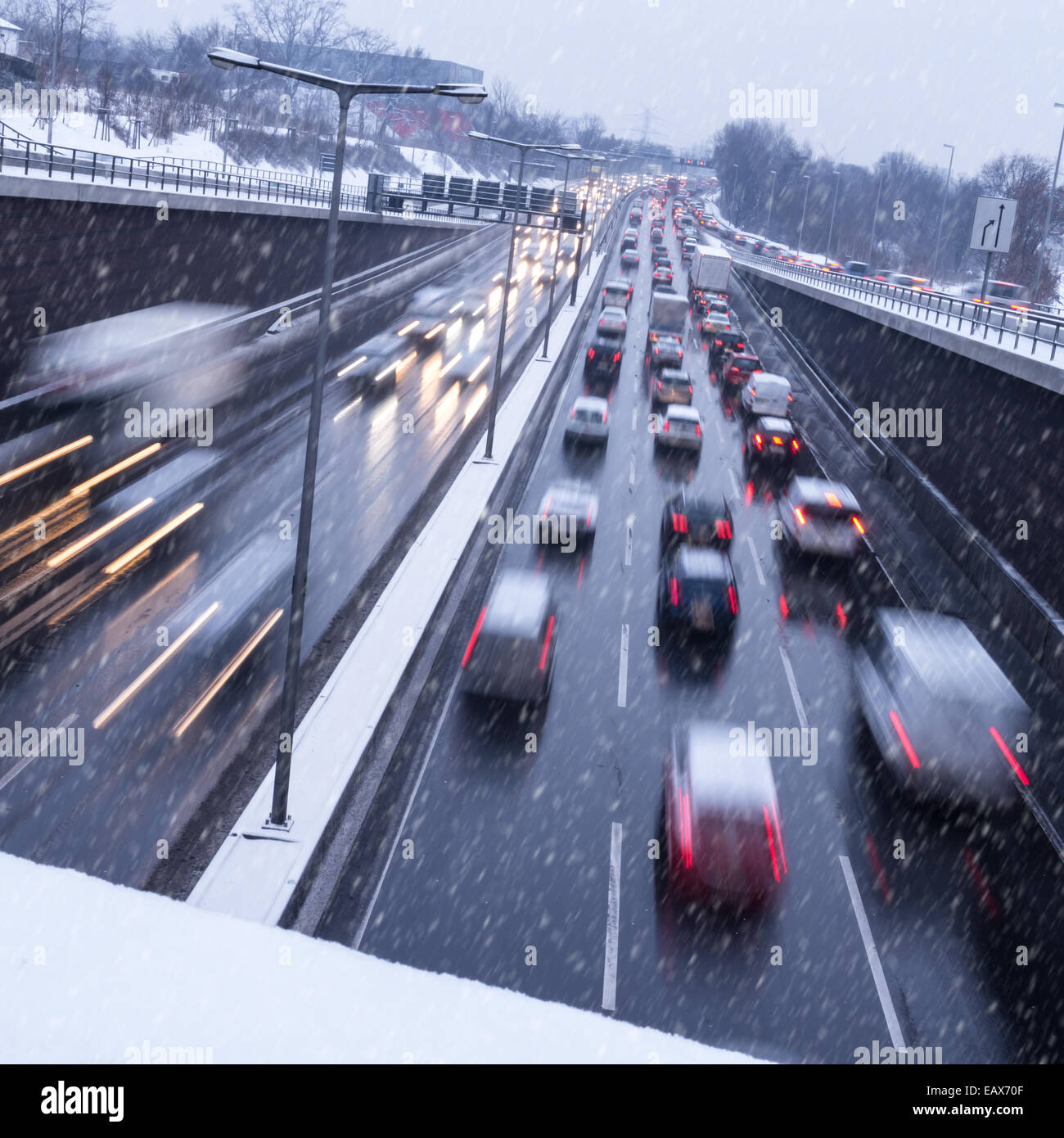 snow on highway in winter Stock Photo