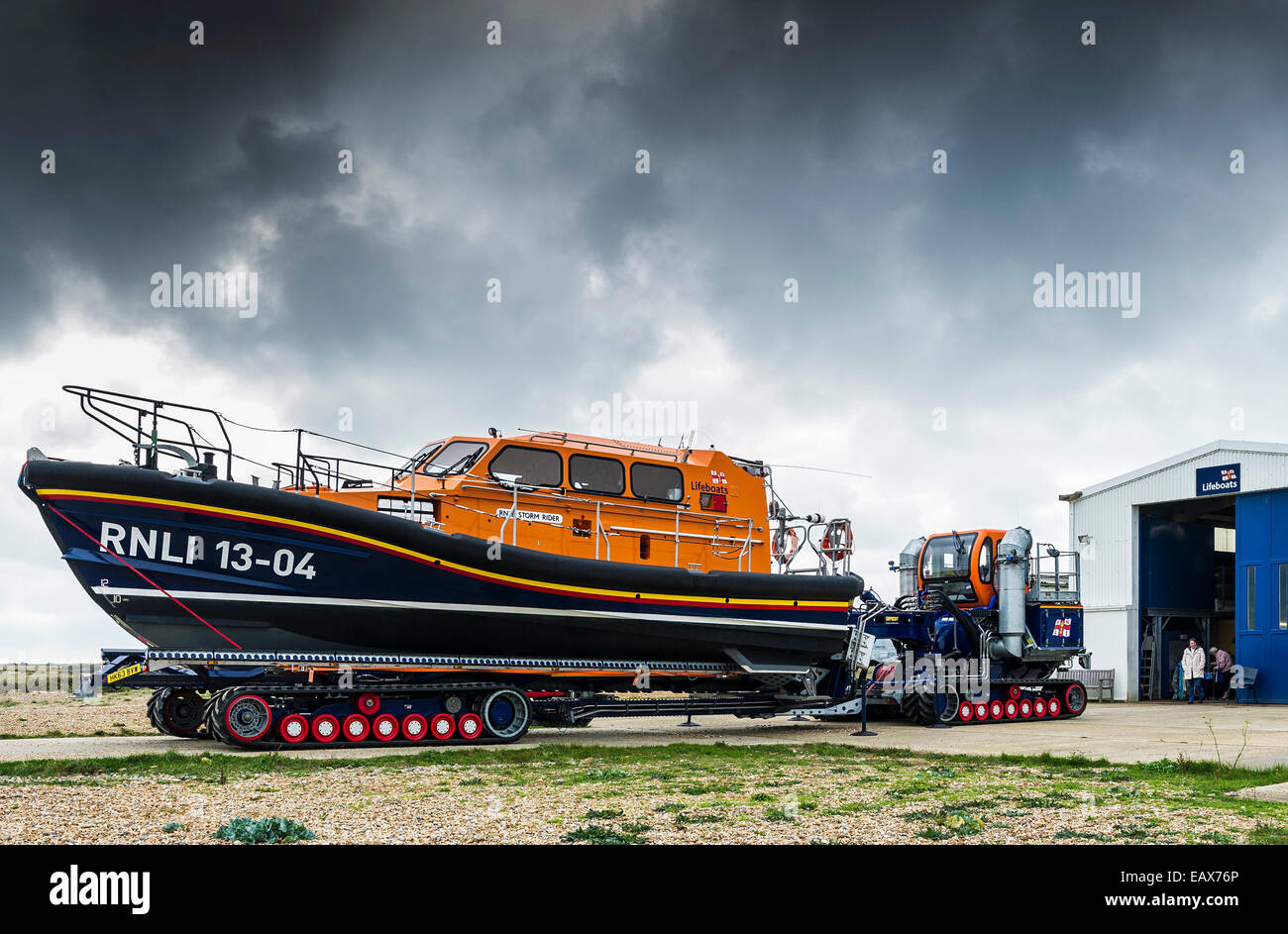 The relief Shannon class Lifeboat 'Storm rider' on a trailer ready to be launched at Dungeness in Kent. Stock Photo