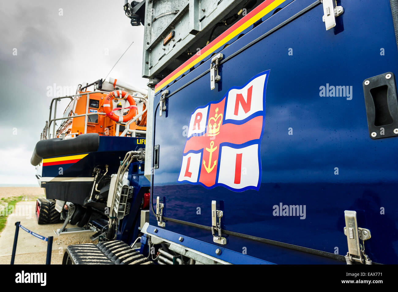 The relief Shannon class Lifeboat 'Storm rider' on a trailer ready to be launched at Dungeness in Kent. Stock Photo