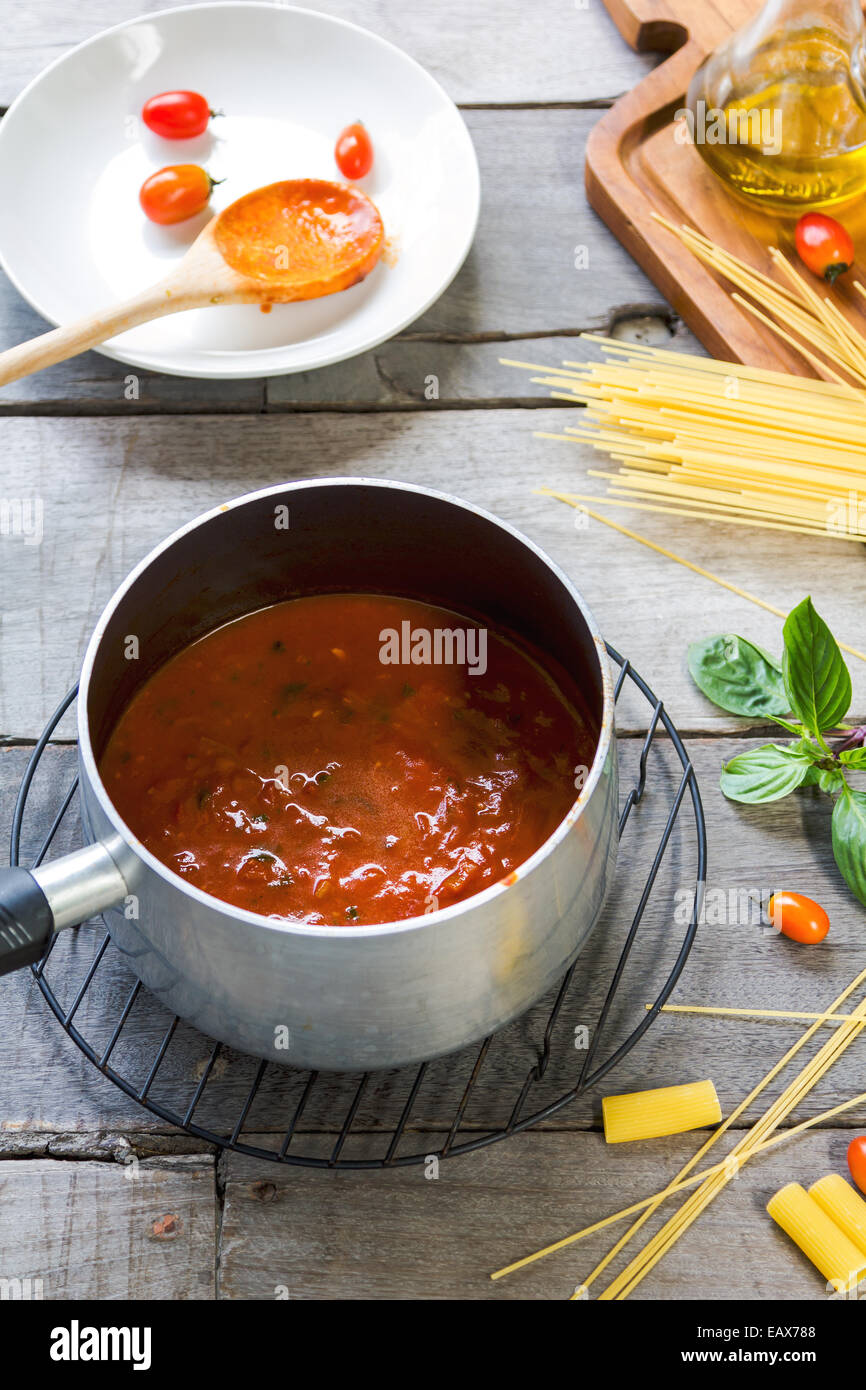Homemade Tomato sauce for pasta  in a sauce pan Stock Photo