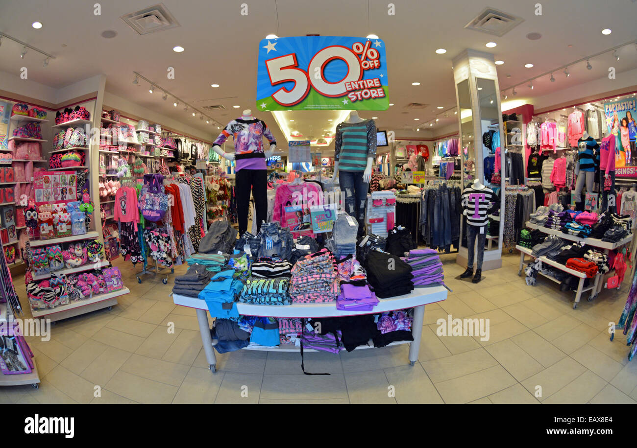 Fisheye lens view of a girl's clothing store called Justice at Roosevelt  Field mall with a 50% off sale. In Garden City LI, NY Stock Photo - Alamy