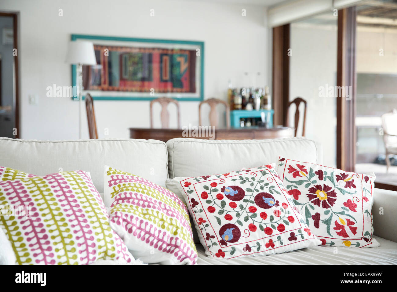 Decorative cushions on sofa Stock Photo Alamy