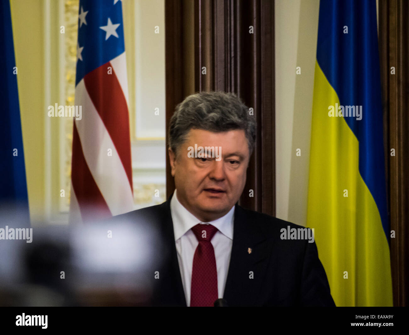 Kiev, Ukraine. 21st Nov, 2014. President of Ukraine Petro Poroshenko  -- If Russia's aggression, it will pay more! - says Joe Biden today November 21, 2014 in Kiev, Ukraine. Talk with Russia about the weakening of the sanctions will be possible only after its Minsk agreements - in particular, the withdrawal of troops and the release of prisoners. This was stated by Vice President Joseph Biden at the joint with the President of Ukraine Petro Poroshenko press statement. Credit:  Igor Golovnov/Alamy Live News Stock Photo