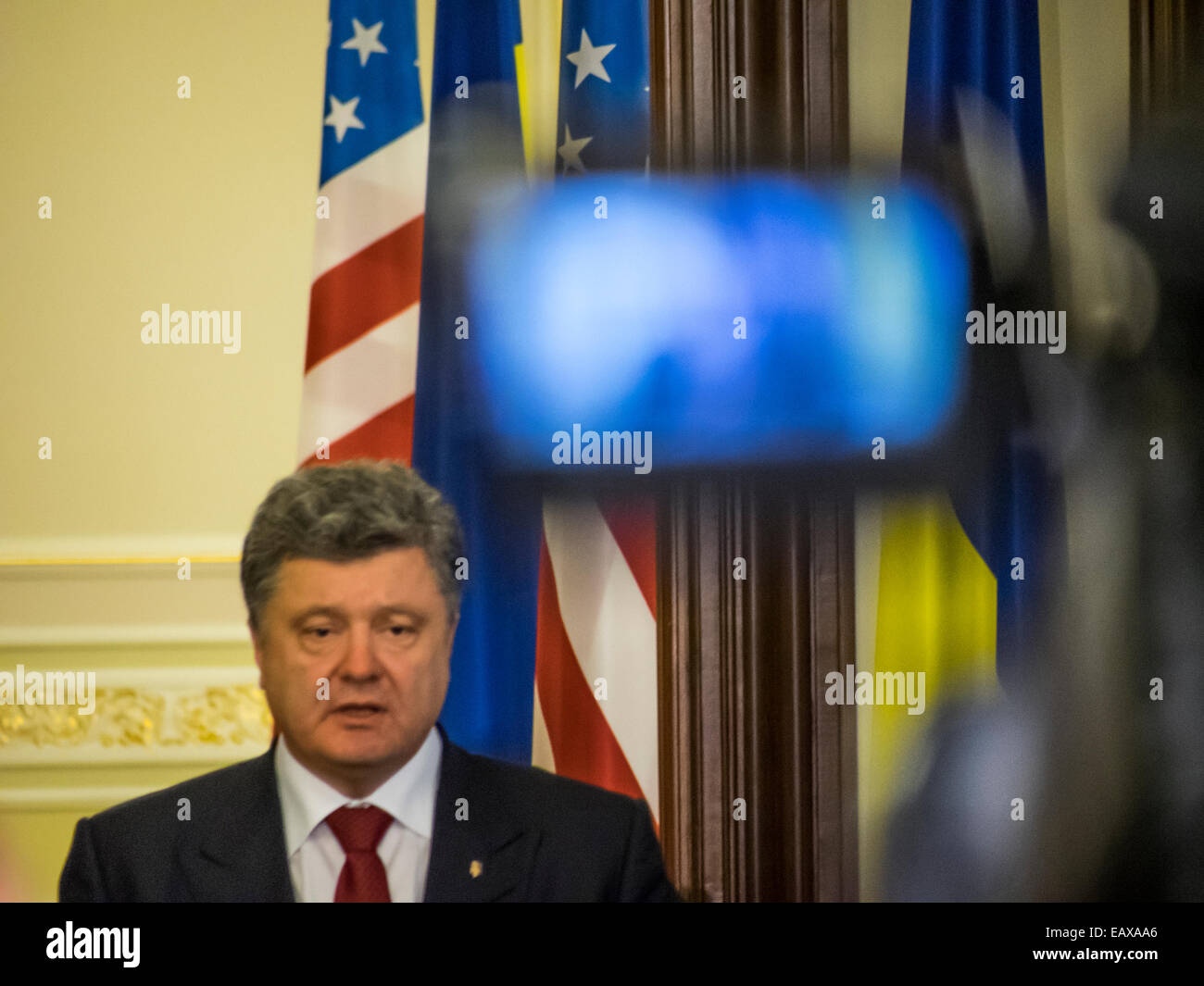 Kiev, Ukraine. 21st Nov, 2014. President of Ukraine Petro Poroshenko  -- If Russia's aggression, it will pay more! - says Joe Biden today November 21, 2014 in Kiev, Ukraine. Talk with Russia about the weakening of the sanctions will be possible only after its Minsk agreements - in particular, the withdrawal of troops and the release of prisoners. This was stated by Vice President Joseph Biden at the joint with the President of Ukraine Petro Poroshenko press statement. Credit:  Igor Golovnov/Alamy Live News Stock Photo