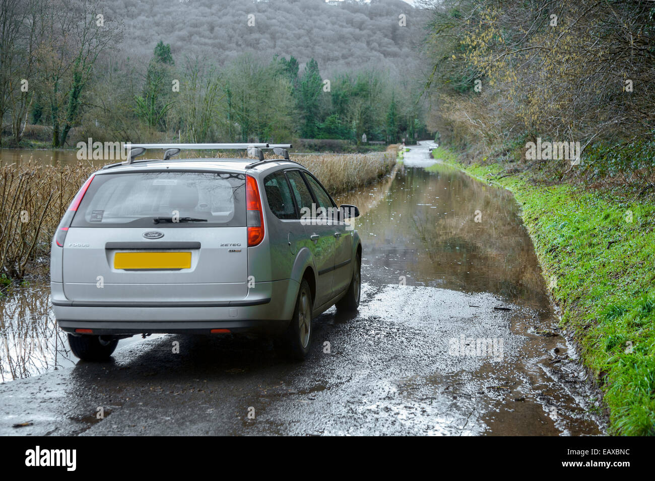 Car stopped on a flooded country road. Stock Photo