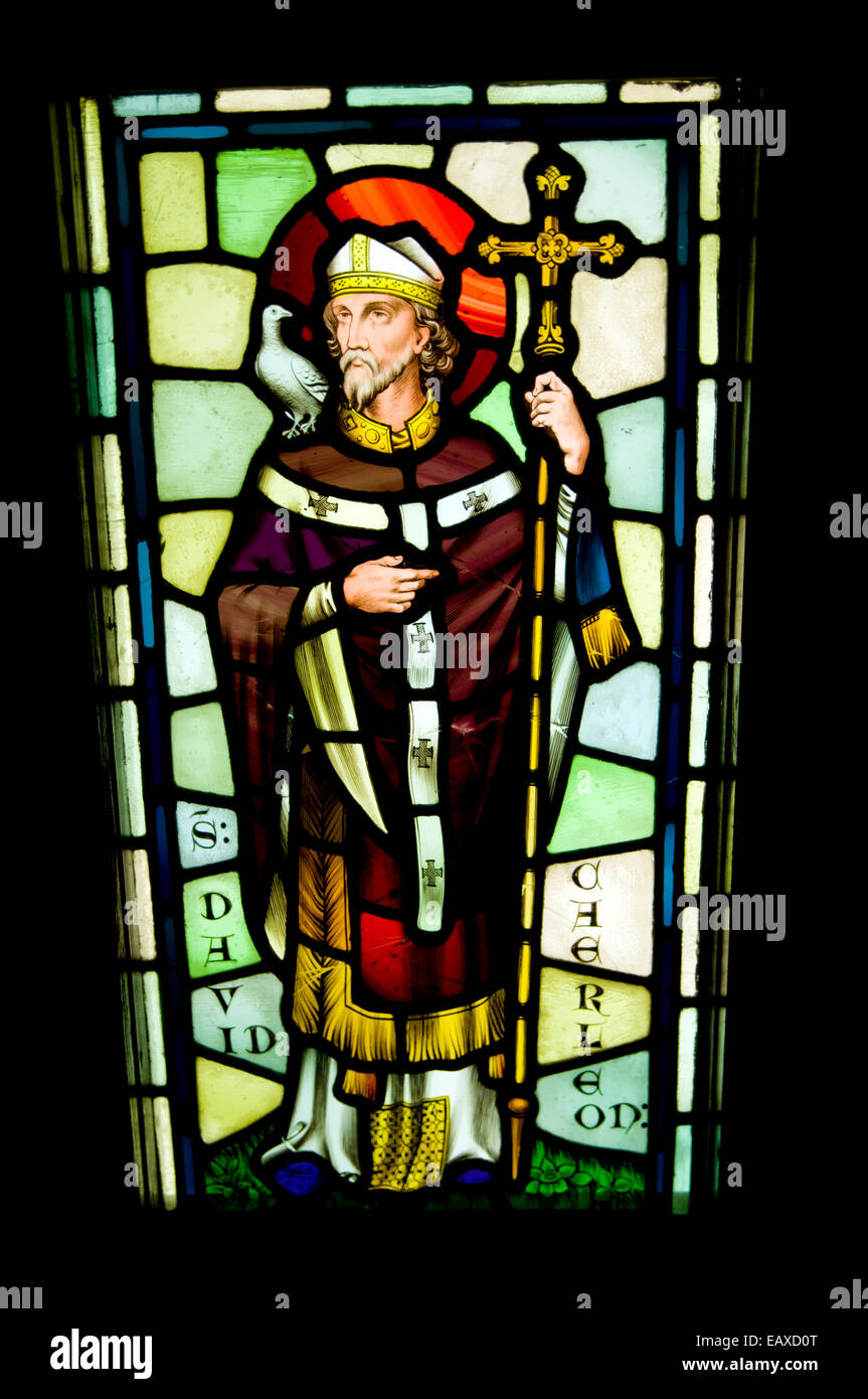 Saint David, Stained Glass Panels from the now demolished Chapel, Castell Coch, Tongwynlais, Cardiff, Wales. Stock Photo