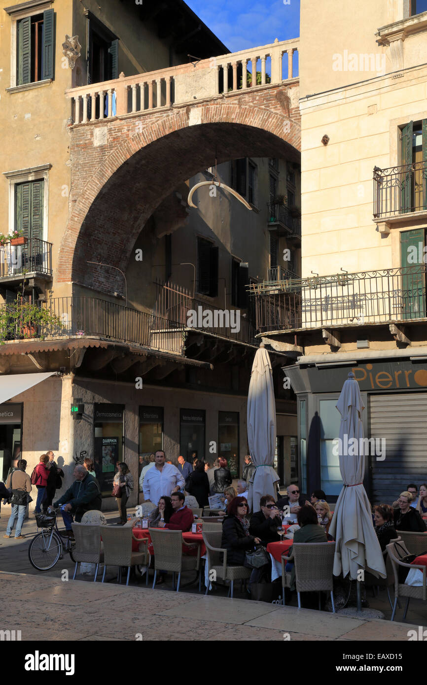 Whale bone suspended in an archway by a restaurant, Piazza delle Erbe Verona, Italy, Veneto. Stock Photo