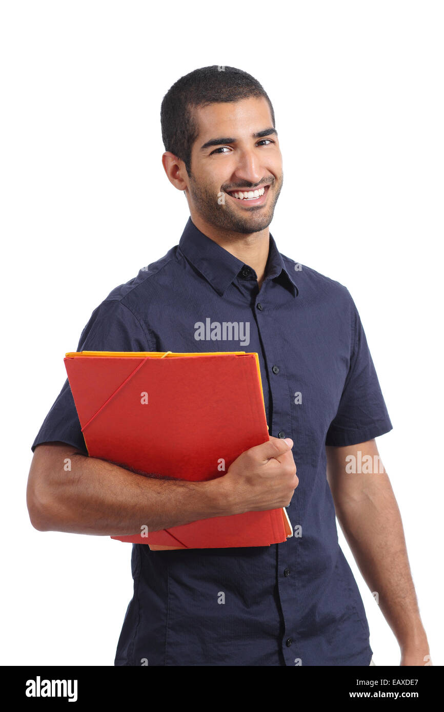 Adult casual arab man student posing standing holding folders isolated on a white background Stock Photo