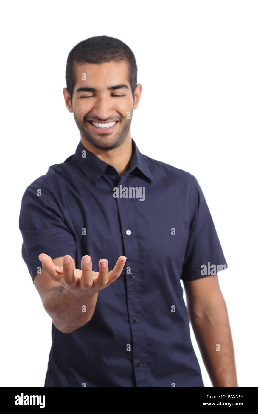 Arab happy man holding something blank in his hand isolated on a white background Stock Photo