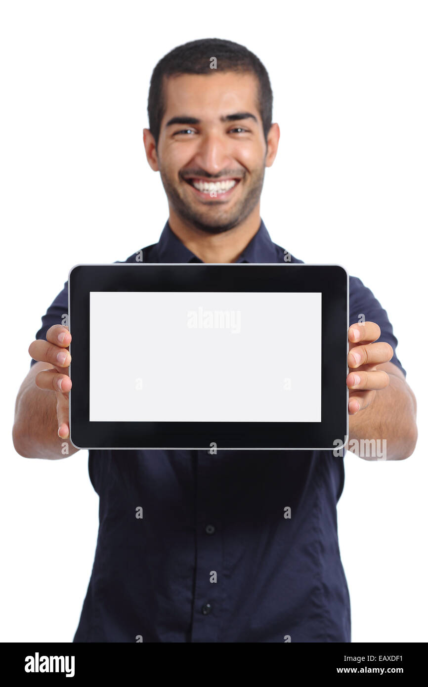 Arab man showing an app in a  blank horizontal tablet screen isolated on a white background Stock Photo