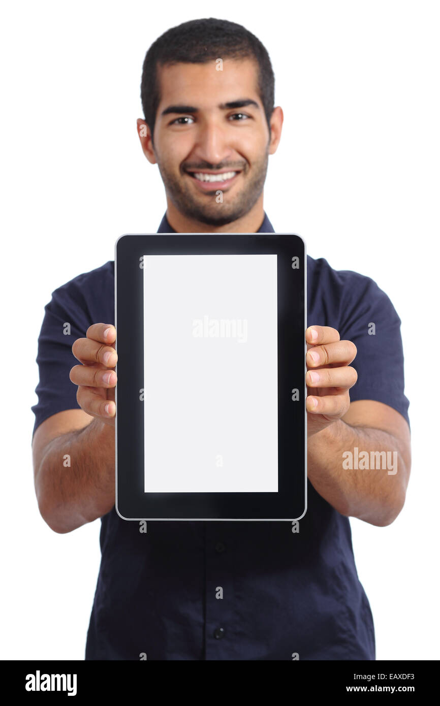 Arab man showing an app in a  blank tablet screen isolated on a white background Stock Photo
