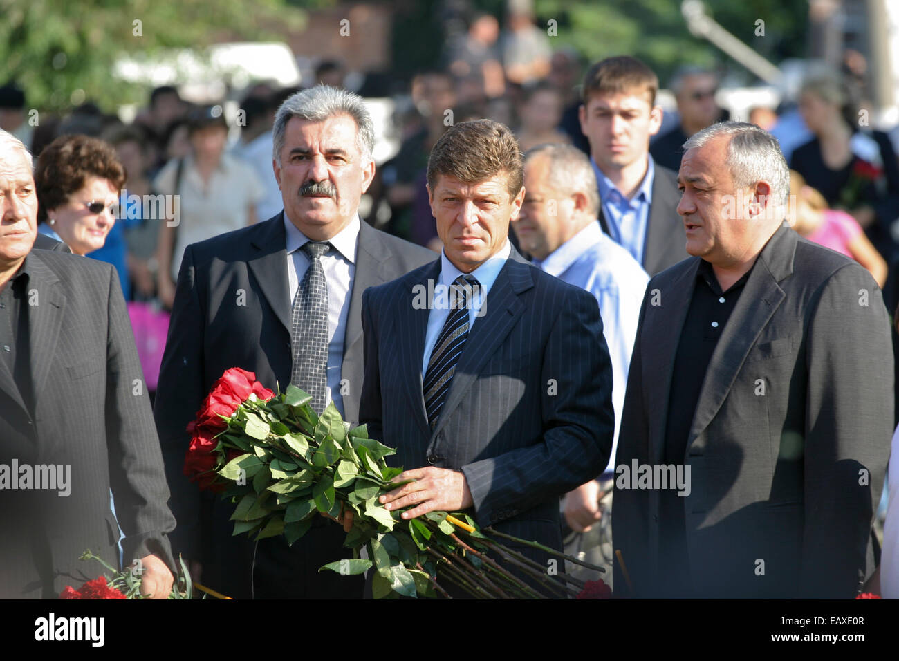 Presidential envoy Dmitry Kozak commemorating the victims of a terrorist attack in school No. 1 in Beslan, North Ossetia, Russia Stock Photo